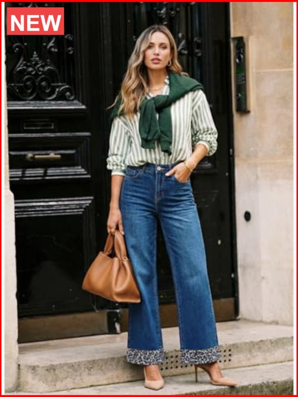 Wide Leg Leopard Jeans High Waisted Stretch Button Denim Pants with Pockets - Picture 3 of 6